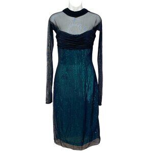 VICKY TIEL COUTURE Evening Dress Size S/M (40) Black Green Sequin Mesh Midi Long